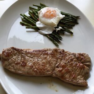 Sirloin steak and poached eggs